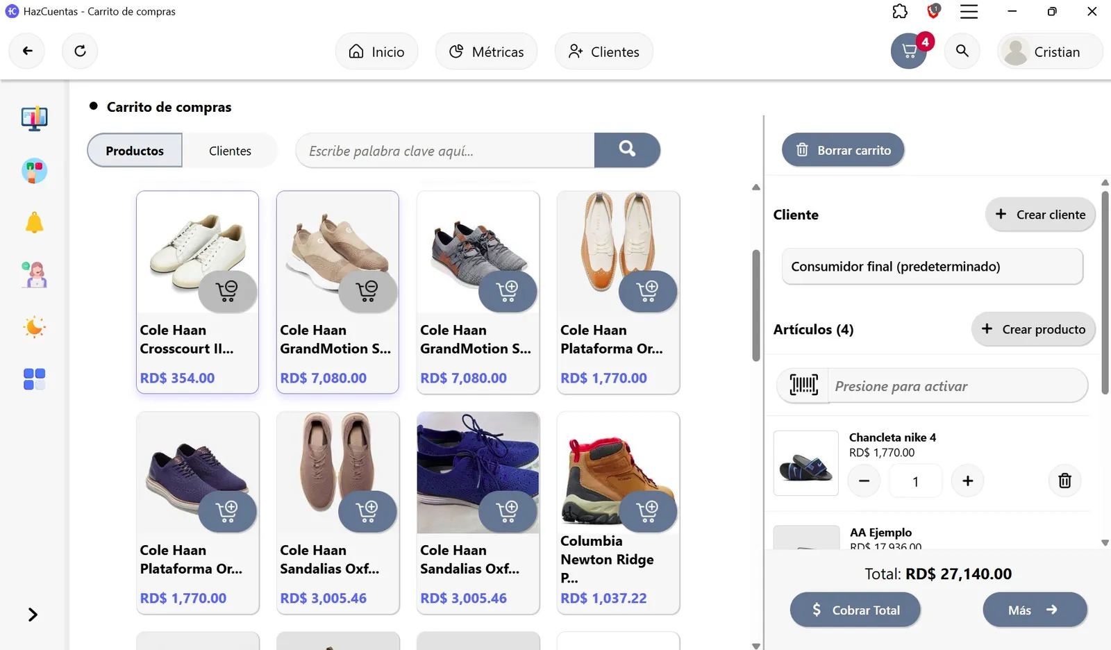 Punto de venta de HazCuentas: catálogo de productos con precios en RD$ y carrito de compras con total y botón Realizar venta
