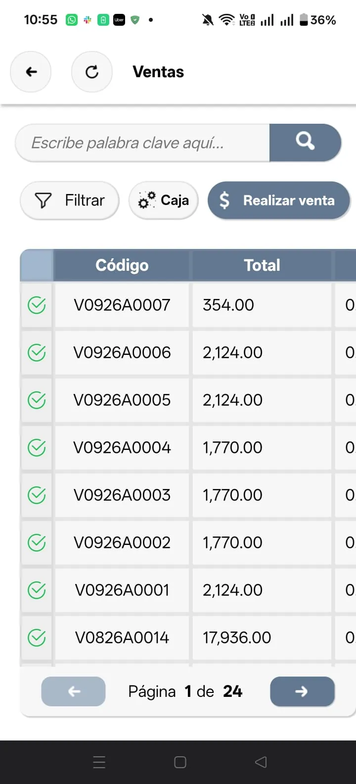 Listado de ventas de HazCuentas en un celular, con códigos de venta y totales