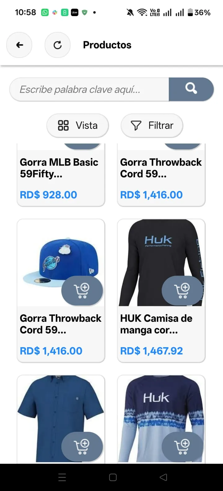 Catálogo de productos de HazCuentas en un celular, con precios y botón para agregar al carrito